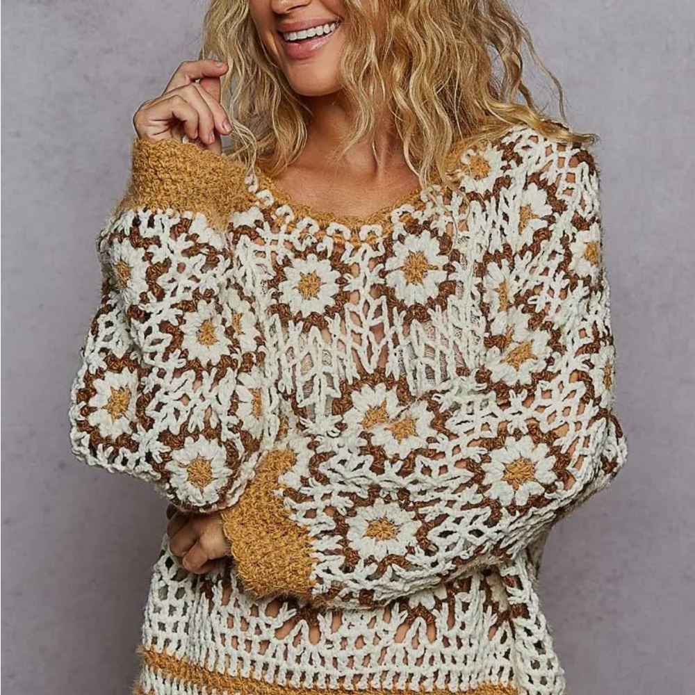 POL Cream and Brown Crochet Sweater - Picture 2 of 3